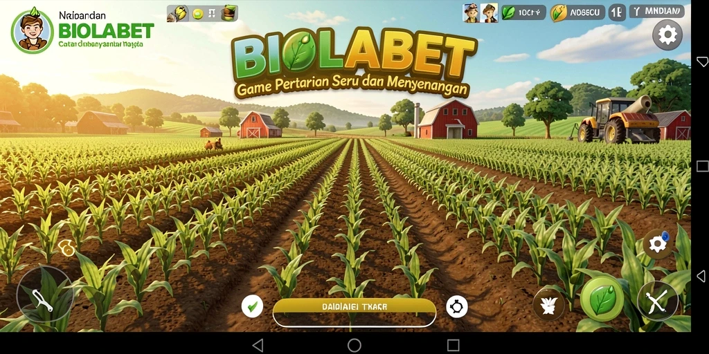 Tampilan permainan <strong>BIOLABET</strong> yang menunjukkan petani mengelola kebun dengan penuh semangat.