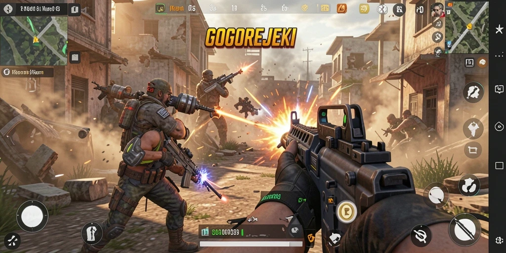 Tampilan gameplay intens dari GOGOREJEKI dengan aksi FPS yang seru.