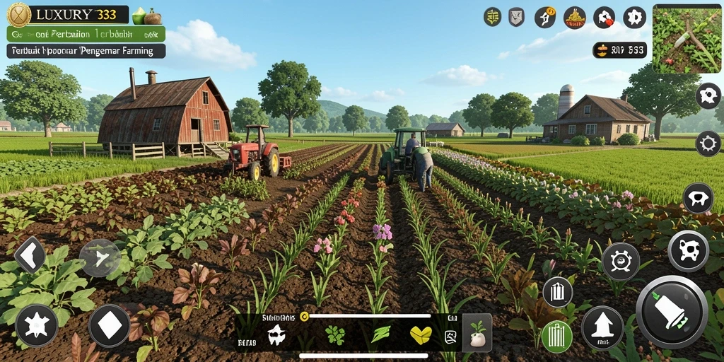 Screenshot gameplay LUXURY333 menampilkan petak pertanian yang subur dan penuh warna.