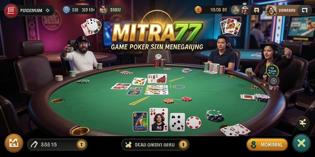 Tampilan utama MITRA77 menampilkan aksi permainan Poker yang seru dan interaktif.