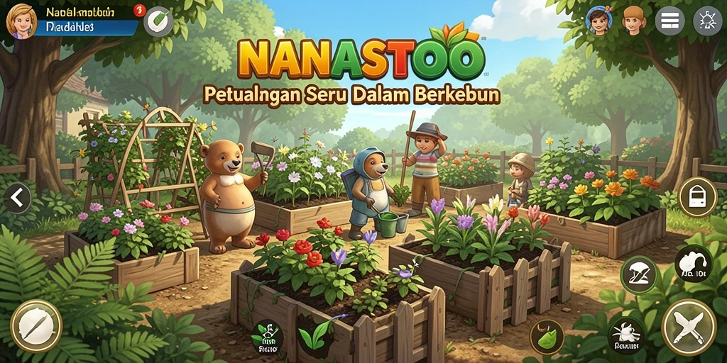 Screenshot game NANASTOTO menampilkan kebun yang rimbun dan berwarna-warni.
