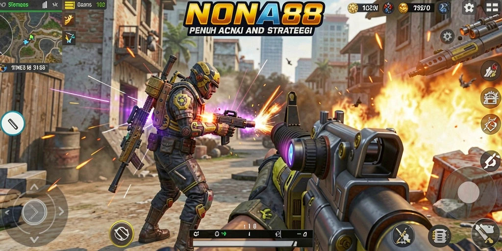 Screenshot gameplay NONA88 menampilkan aksi tembak-menembak yang intens.