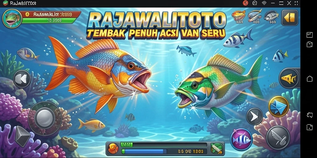 Screenshot gameplay RAJAWALITOTO menampilkan aksi menembak ikan yang menyenangkan.