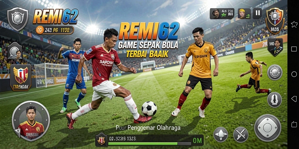 Screenshot utama REMI62 dengan aksi seru di lapangan sepak bola.
