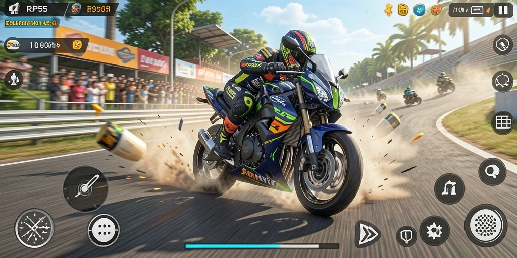 Tampilan seru dari gameplay balapan motor RP55 yang menantang.