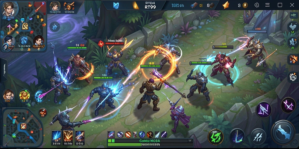 Gameplay seru dan dinamis dalam RT99, penuh aksi MOBA.