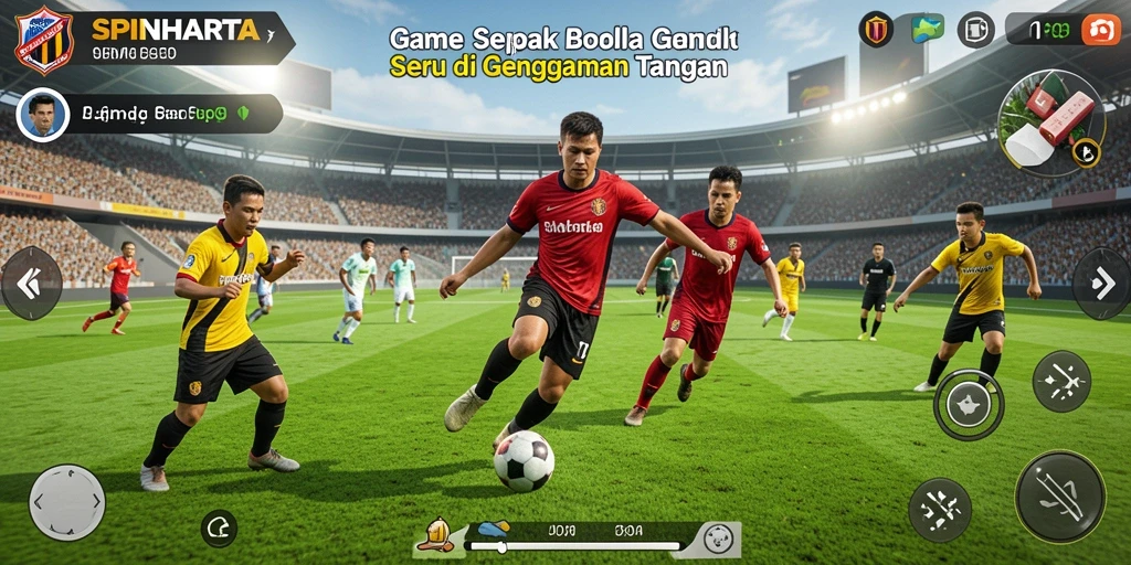 Screenshot dari gameplay SPINHARTA yang menampilkan aksi sepak bola yang intens.