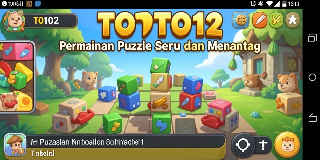 Tangkapan layar utama TOTO12 menampilkan gameplay puzzle yang menarik dan penuh warna.